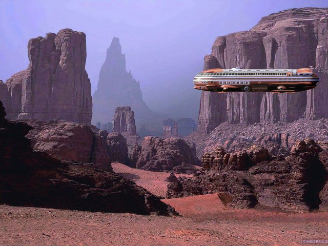 Nebliger Morgen über dem Candor Chasma. Ein Scoutschiff der Marsverwaltung durchfliegt die erodierte Endregion des Tithonium Chasma im Übergangsbereich zum Melas Chasma.