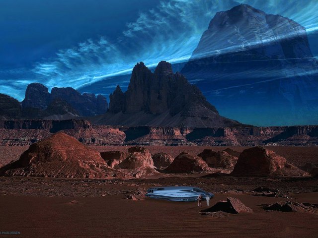 Magnetfeld-Induktoren schützen die terraformierte Marsatmosphäre vor der UV-Strahlung der Sonne. Als Nebenwirkung ergeben sich, wie hier im Candor Chasma, fluoreszierende Nachtwolken.