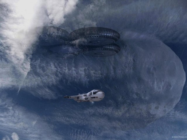 Eine Orbitalfähre hat Personal von einer in der Hochatmosphäre schwebenden Dockstation abgeholt. Der Marsmond Phobos tritt aus den Wolken.