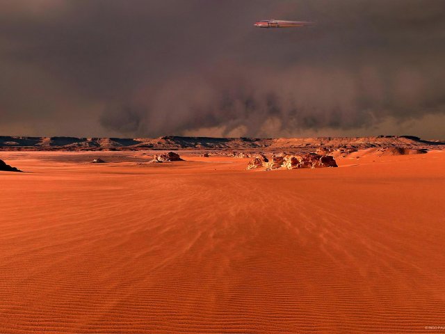 Auf ihrem Flug über die Syrtis Major und die Randgebiete des Hesperia Planums, Richtung Elysium Planitia, streift die Marylou die Ausläufer eines heftigen Sandsturmes.