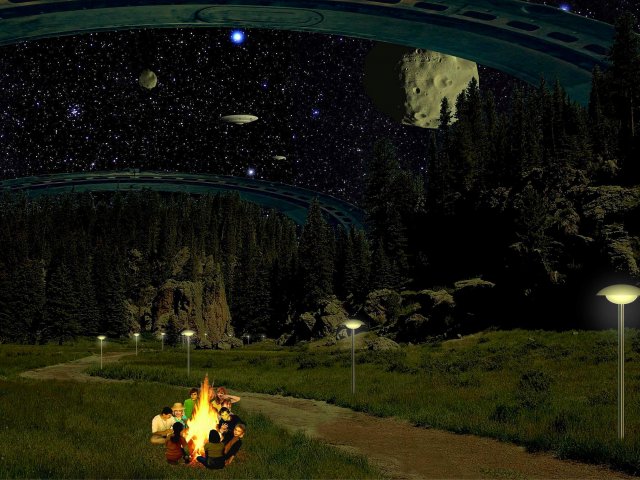 Die Freunde sitzen nachts im Landschaftsdeck um ein holografisches Lagerfeuer herum, das zwar Wärme und Licht abgibt, aber nicht wirklich brennt. Auch die Laternen sind Holografien.