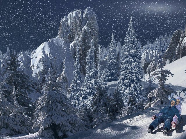 Nur die seltsame Spiegelung der Sonne an der höchsten Stelle der Klarsichtkuppel verrät, dass Tammy und Ken durch die künstliche Schneelandschaft der Winterkuppel rodeln.