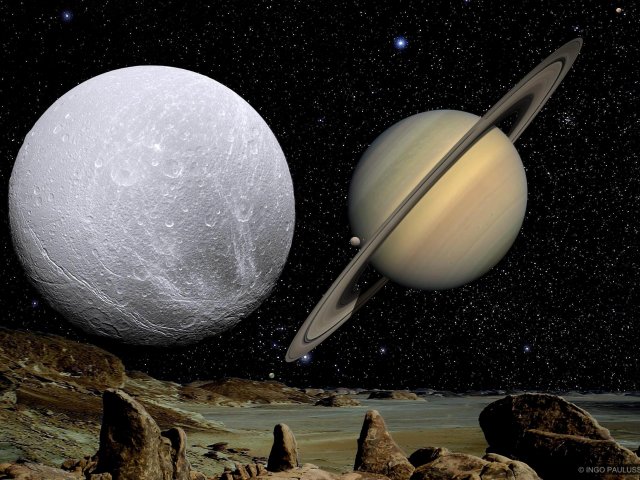 Blick von Rhea auf Dione und den Saturn. Im Blickfeld sind auch Mimas, Titan und Tethys.