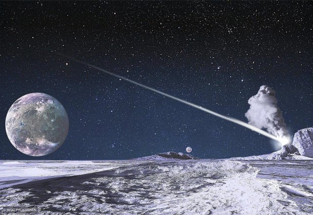 Die Monde Ganymed und Kallisto am Horizont des von einer diffizilen Sauerstoffatmosphäre umhüllten Jupitermondes Europa. Ein im Eispanzer entstehender Riss, ein einschlagender Meteorit.