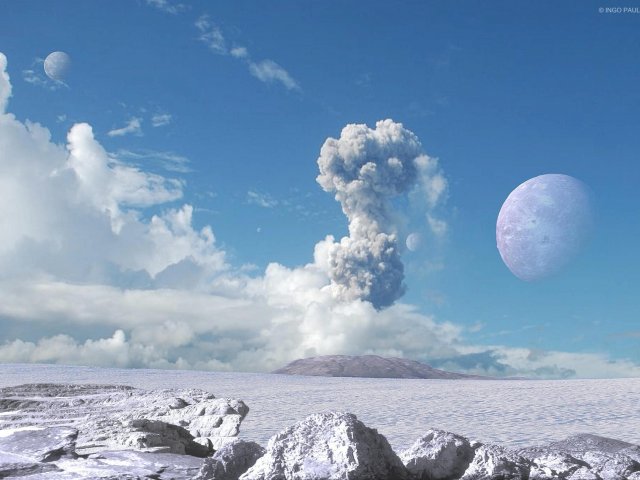 Vulkanausbruch auf einem eisigen Exo-Planeten mit mehreren Monden