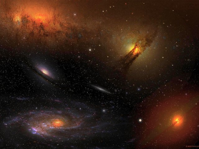 Eine Komposition aus Galaxien, Sternen und intergalaktischen Gaswolken.