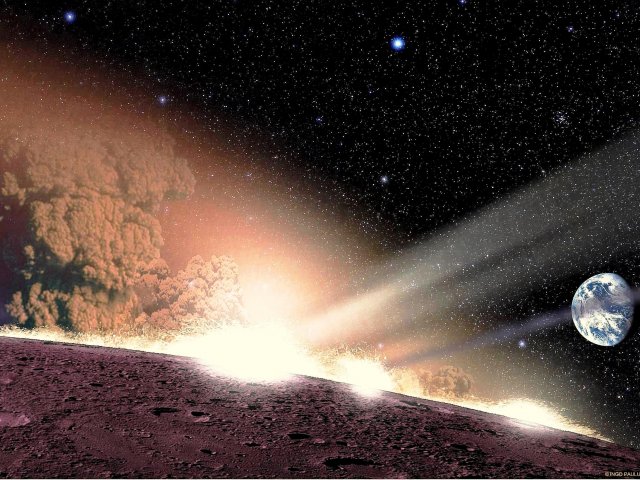 Die Trümmer eines zerborstenen Kometen treffen auf den Mond und hüllen ihn in eine Staub- und Gaswolke.