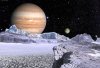 Blick vom Eismond Europa auf Jupiter und seine drei anderen galileischen Monde Kallisto, Io und Ganymed.