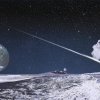 Die Monde Ganymed und Kallisto am Horizont des von einer diffizilen Sauerstoffatmosphäre umhüllten Jupitermondes Europa. Ein im Eispanzer entstehender Riss, ein einschlagender Meteorit.