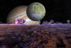 Ein Meteor trifft Ganymed. Ausgasender Sauerstoff erzeugt eine Dünung des Sandes. Die Entfernungen zwischen den galileischen Jupitermonden sind wie im Fernglas unproportional verkürzt.
