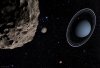 Ein Asteroid streift das Uranus-System. Der Blick fällt auf Uranus, Oberon und Titania.