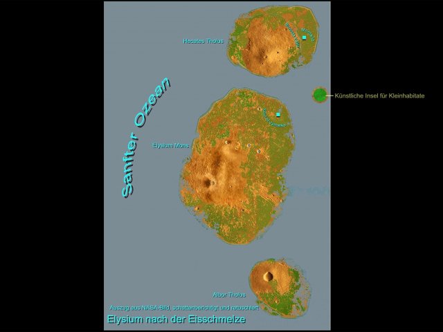 Nach der 80prozentigen Eisschmelze des Mars bleiben in meinen Romanen von der Elysium Planitia nur noch wenige Inseln übrig, was etwa der Wirklichkeit entsprechen könnte.