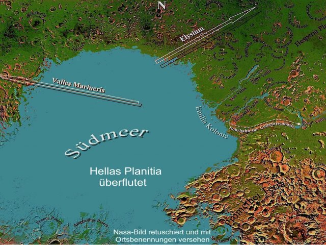 Die während des Mars-Terraforming zu einem Binnenmeer avancierende Hellas Planitia ist in meinen Romanen Standort des Emilia-Habitats und der Spaceport des Mars.