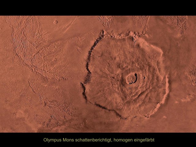 Der Olympus Mons mal in realistischer Beleuchtung, schattenberichtigt, homogen eingefärbt. Findet nähere Erwähnung in meinen Romanen. 27 km hoch, Durchmesser 600 km.